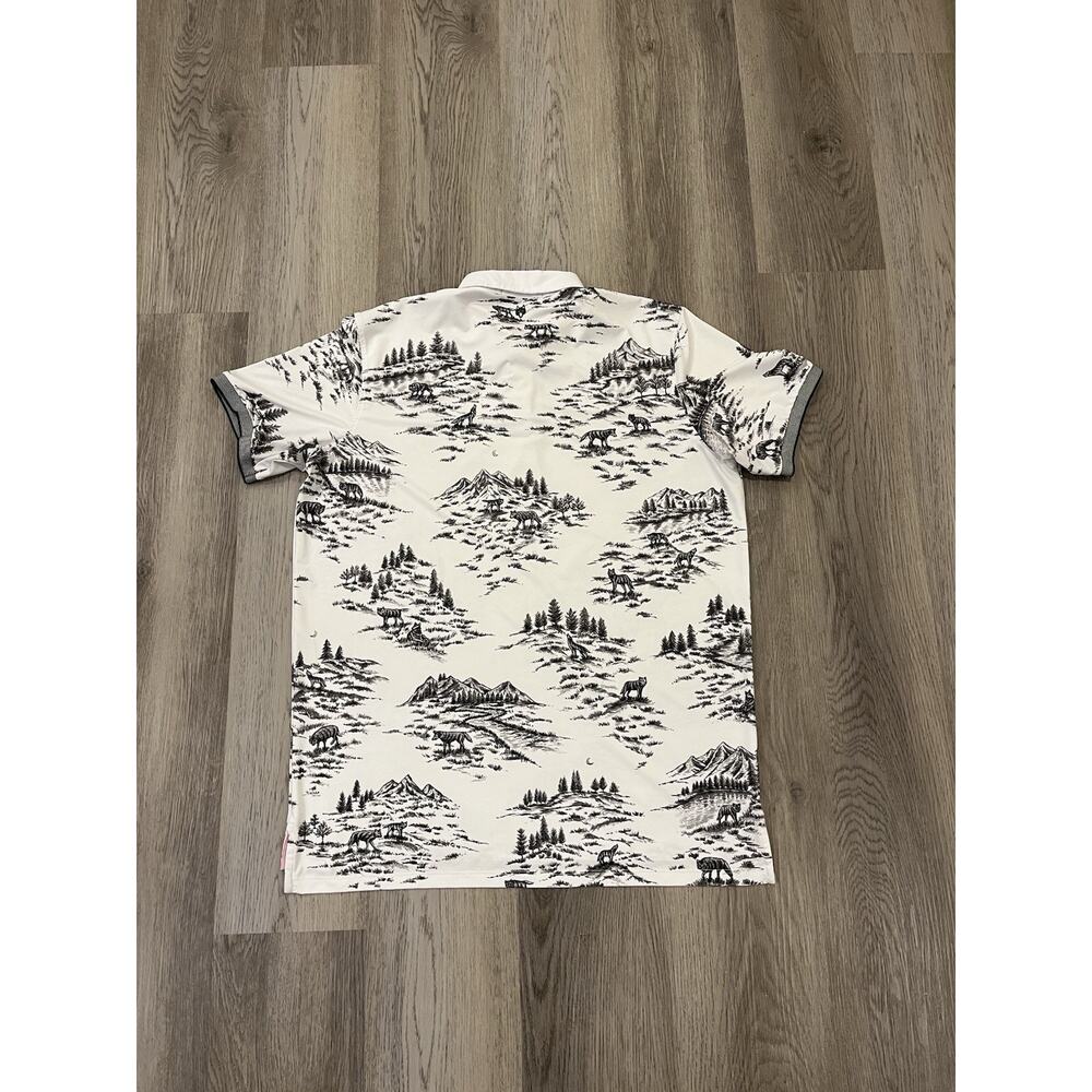 Greyson Mens Large Wolf Toile Polo Shirt Arctic White Black Scenic Print - Picture 4 of 7